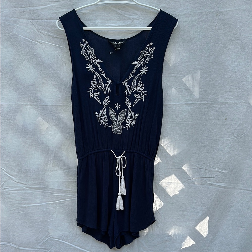 Funky Soul Navy Embroidered Romper with Tassel Tie